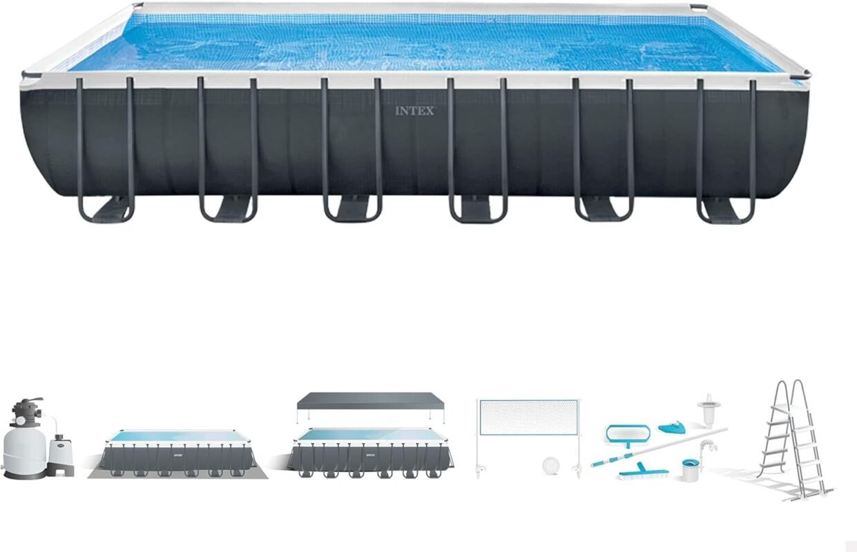 Intex 26368NP – Aufstellpool Ultra XTR Frame Rechteckig, Filterpumpe 7900 L/h, Leiter, mit Deluxe-Zubehörset, 31805 L, Stahl und PVC, Grau, 732x366x132 cm
