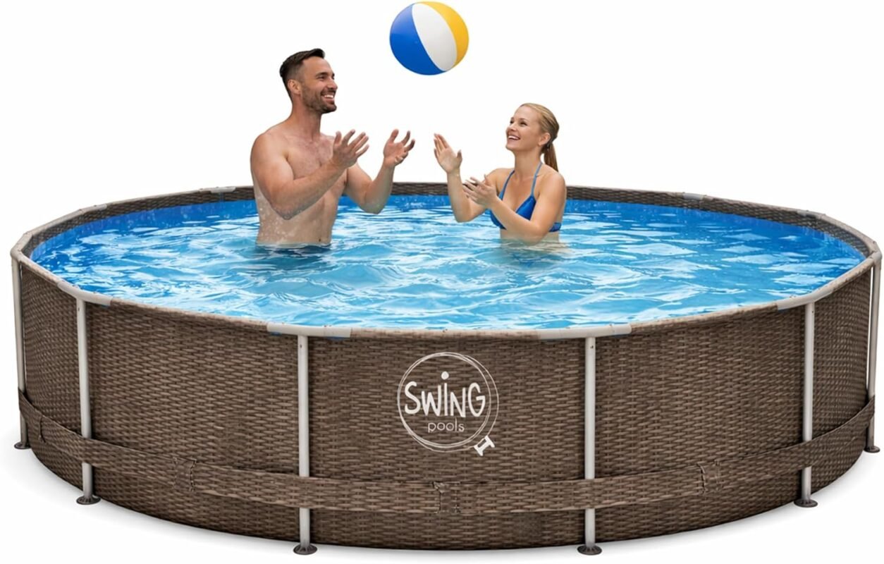 HAF - Swing Frame Pool rund Grau Rattan-Optik (Ø 305 cm, 76 cm tief) - Gartenpool mit 4.500 Liter - Robust, UV-geschützt & korrosionsbeständig - Stabiler Metallrahmen - Schnellaufbau ohne Werkzeug