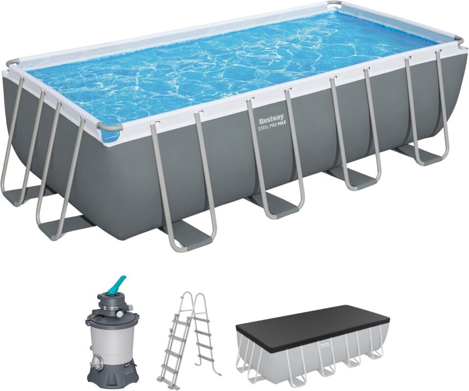 Bestway Power Steel Frame Pool Komplett-Set mit Sandfilteranlage 488 x 244 x 122 cm, grau, eckig