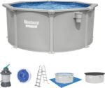 Bestway® Hydrium™ Stahlwandpool Ø 305 x 122 cm, rund Granitgrau – Komplett-Set mit Sandfilteranlage 3.596 l/h, Skimmer, Leiter, Abdeckplane, ChemConnect, 7.630 L Aufstellpool