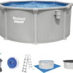 Bestway® Hydrium™ Stahlwandpool Ø 305 x 122 cm, rund Granitgrau – Komplett-Set mit Sandfilteranlage 3.596 l/h, Skimmer, Leiter, Abdeckplane, ChemConnect, 7.630 L Aufstellpool
