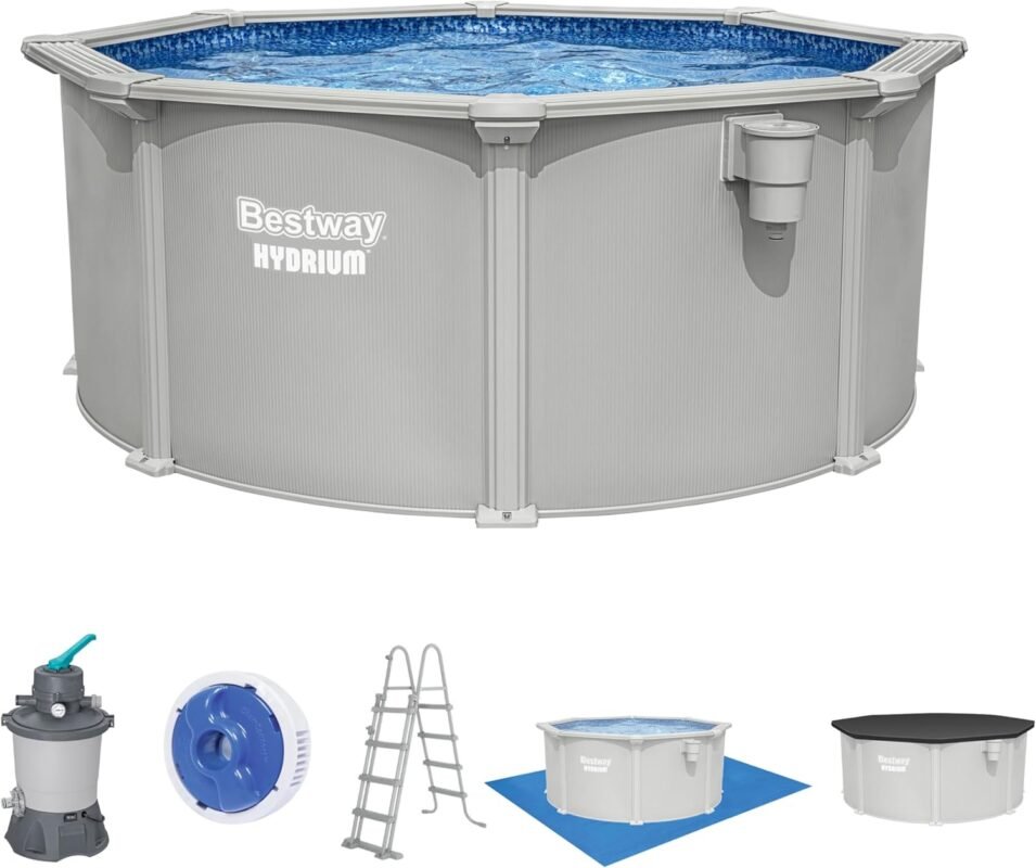 Bestway® Hydrium™ Stahlwandpool Ø 305 x 122 cm, rund Granitgrau – Komplett-Set mit Sandfilteranlage 3.596 l/h, Skimmer, Leiter, Abdeckplane, ChemConnect, 7.630 L Aufstellpool
