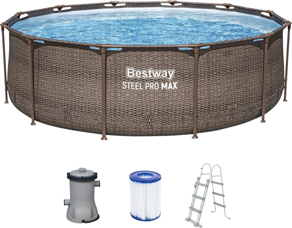 Bestway Steel Pro MAX Frame Pool-Set mit Filterpumpe Ø 366 x 100 cm, Rattan-Optik (Schokobraun), rund