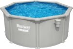 Bestway® Hydrium™ Stahlwandpool Ø 305 x 122 cm, rund Granitgrau – Komplett-Set mit Sandfilteranlage 3.596 l/h, Skimmer, Leiter, Abdeckplane, ChemConnect, 7.630 L Aufstellpool